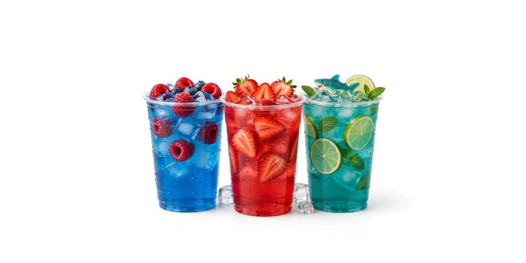 Dutch Bros Rebel energy drinks — blue raspberry, strawberry and shark attack flavors